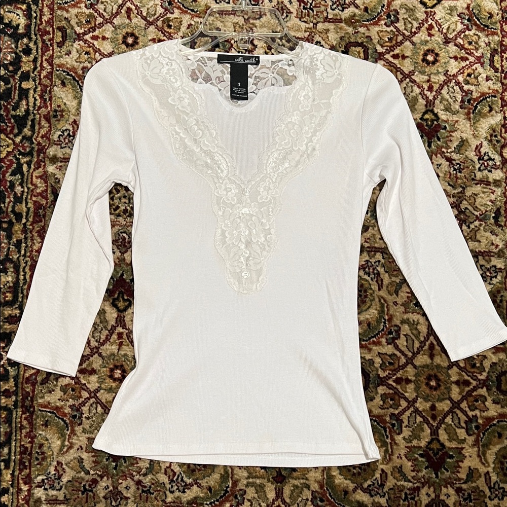 Willi Smith White Lace-Trim Sheer Vneck 3/4 Sleeve Tee Size Small